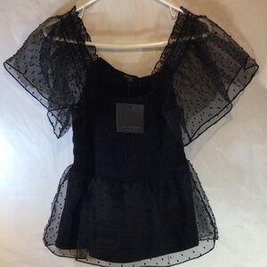 Marc New York Andrew Marc Black Swiss Dot Sheer Ruffle Sleeve Top NWT XS